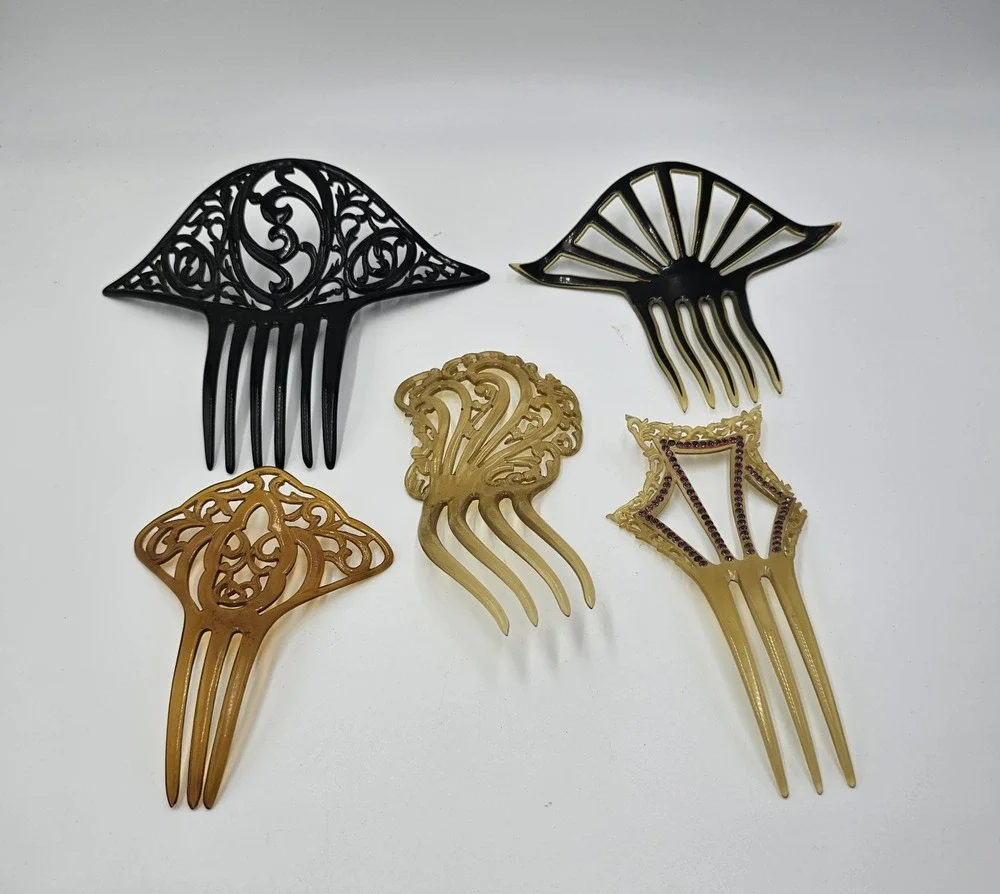 Lot of 5 Antique 1920s-1930s Celluloid Hair Combs Art Deco